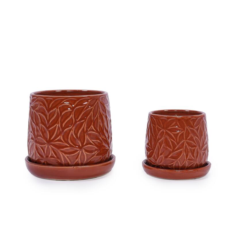 Set of 2 Handmade Modern Embossed Leaf Ceramic Planters with Saucers