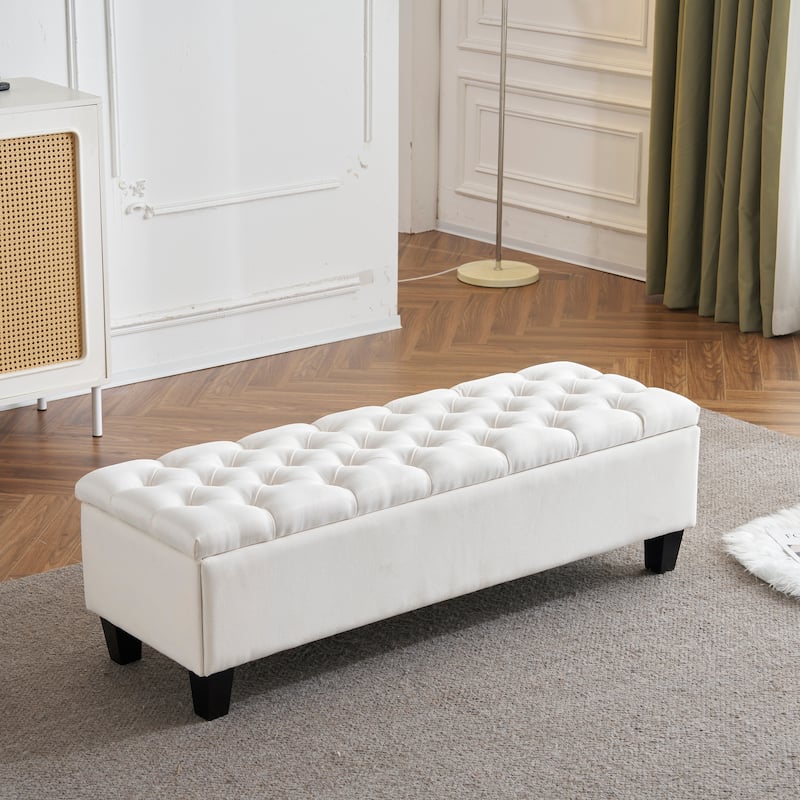 Tufted Storage Bench with Wooden Legs for Bedroom, Entryway - White