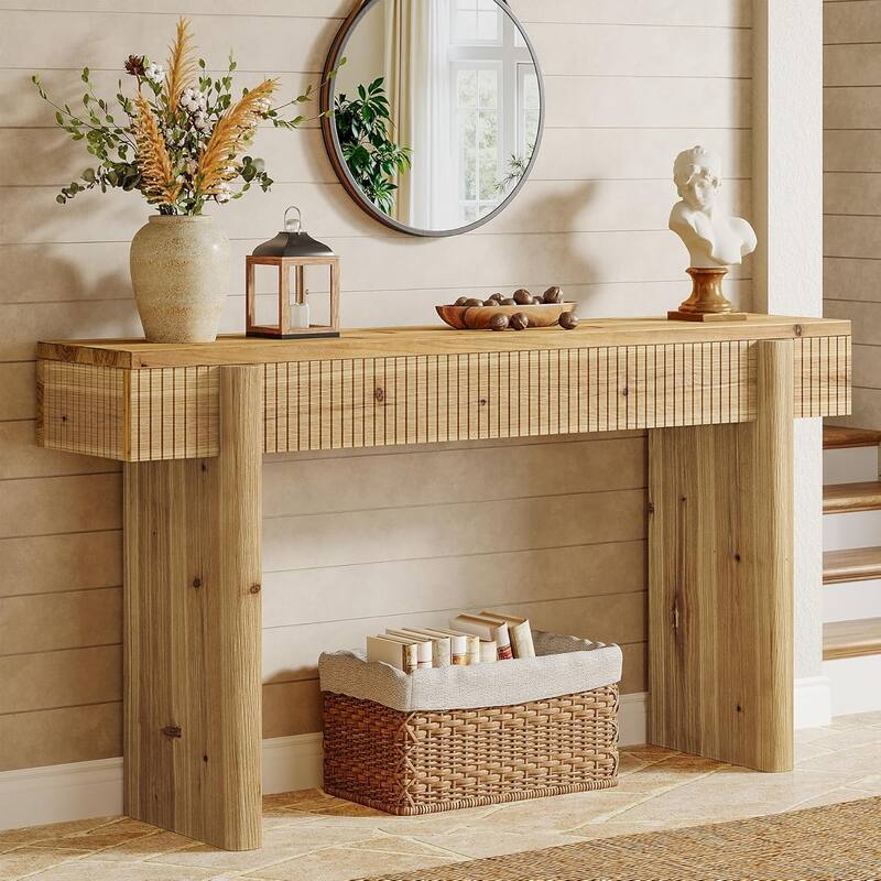 55 Inch Solid Wood Entryway Console Table with Grooves Detail