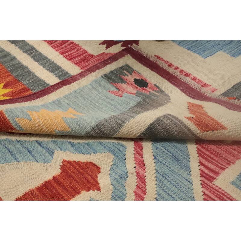 Hand Woven Oriental 100% Wool Carpet Southwestern Tribal Navy Blue & Blues Kilim Area Rug - 9' 8'' X 6' 6''