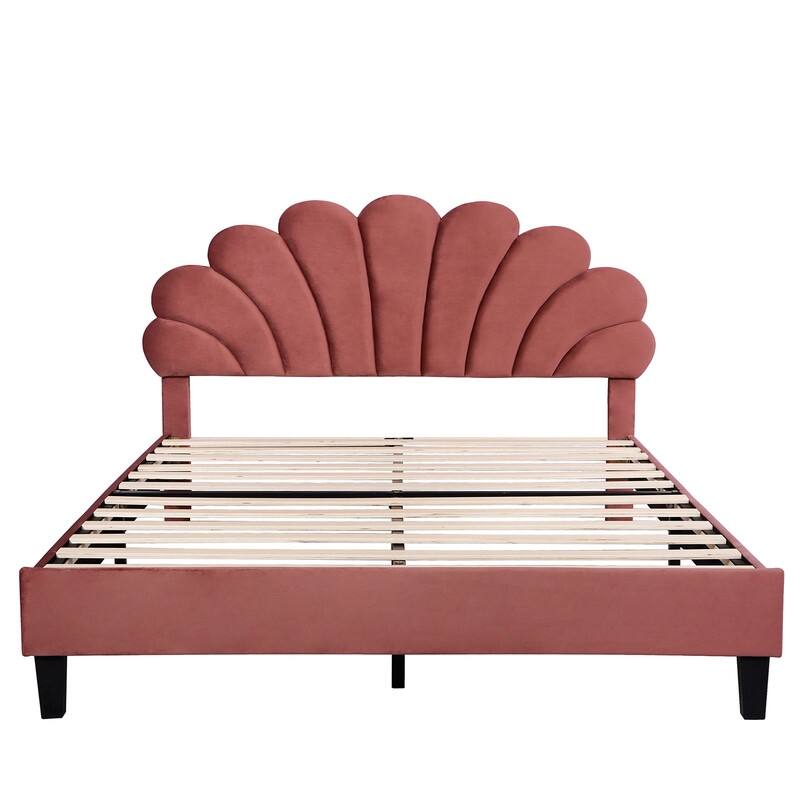 Queen Size Velvet Upholstered Platform Bed with Flower Pattern Headboard