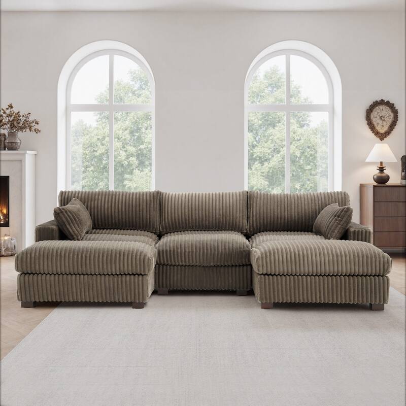 Plush Corduroy Upholstered Modular Sectional Sofa with Chaise
