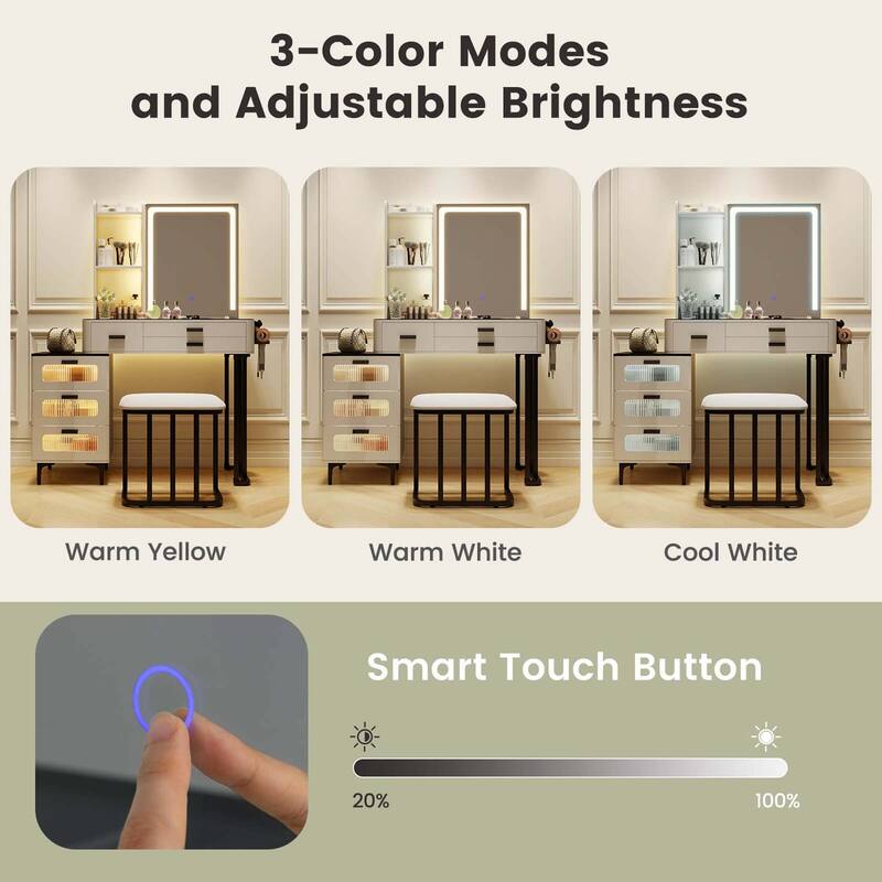 Costway Modern Vanity Desk with Mirror & Lights 3-Color LED Lights & - See Details