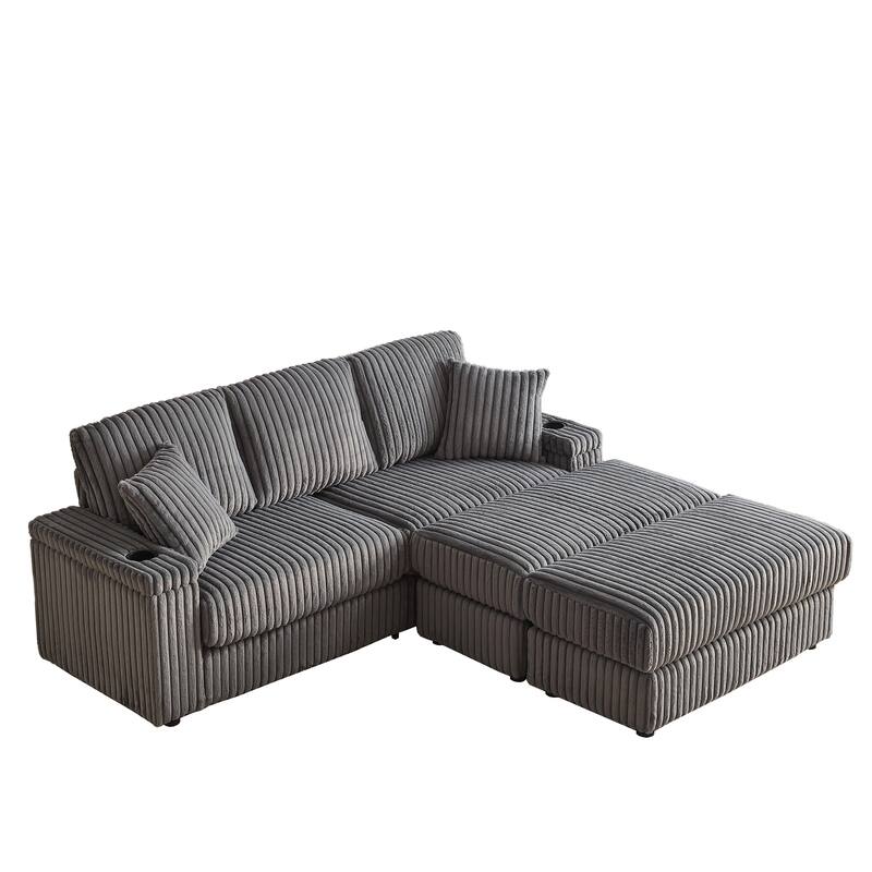 Deep Seat Sectional Loveseat Set with 2 Ottoman and 2 Pillows, Corduroy Chaise Lounge Bed with 2 Storage Spaces and Cupholding