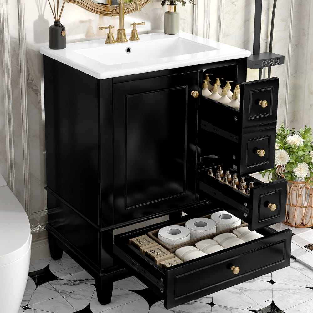 24" Freestanding Bathroom Vanity with Sink - Ceramic Top, Drawers & Shelves, MDF & Solid Wood Base, for Small Bathrooms