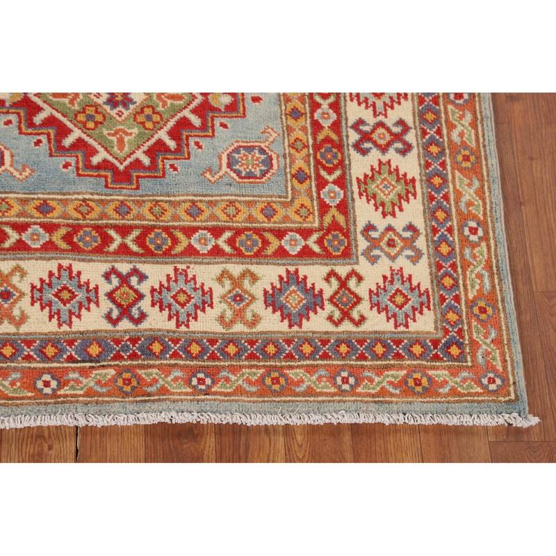 Geometric Kazak Accent Rug Handmade Blue Wool Carpet - 3'5" x 4'10"