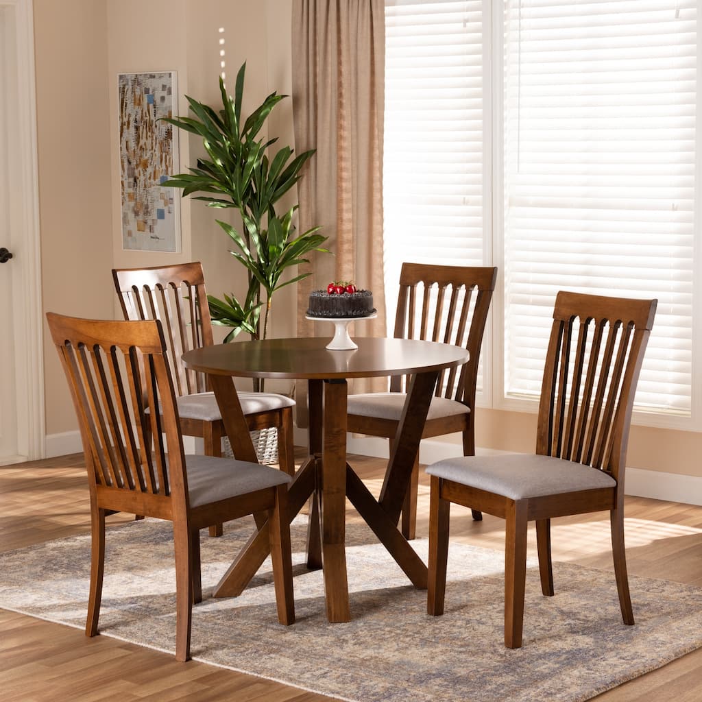 Modern 5-Piece Dining Set - Grey Fabric & Walnut Table, Chairs