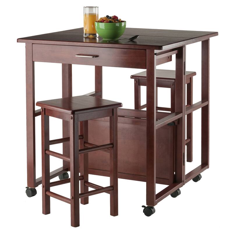 3 Piece Compact Kitchen Table Set with Storage Drawer and Rolling Casters - 30.63 x 31.57 x 31.73 inches