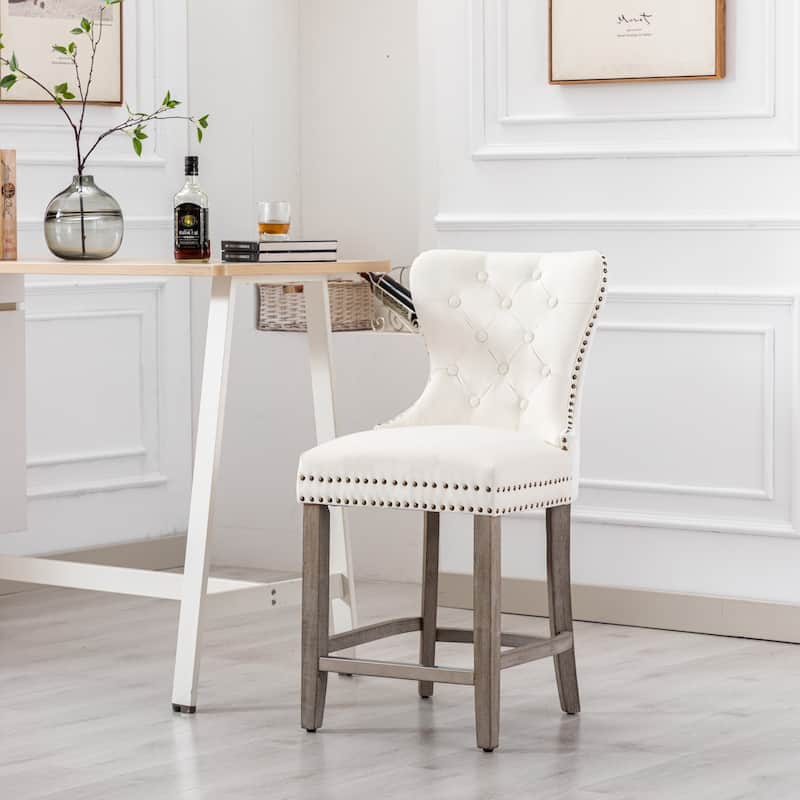 Carter 24" Wingback Tufted Nailhead Counter Stool with Antique Grey Legs - Cream