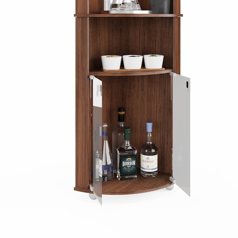 Brown Corner Bar Cabinet with Glass Rack, 2 Doors & Open Shelves