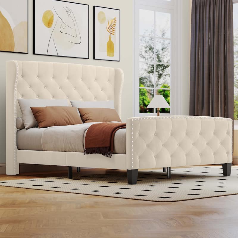 Moasis King Velvet Tufted Upholstered Wingback Platform Bed Frame with Headboard and Footboard