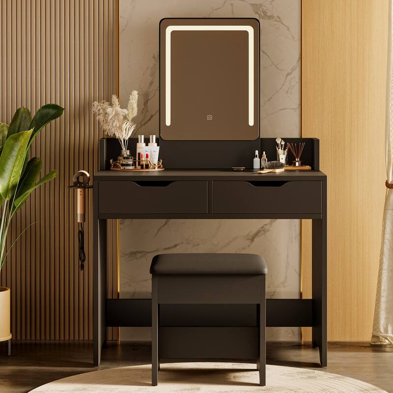 Bestier Vanity Set with Mirror and Lights,Vanity Desk with Drawers,Makeup Table with Light Modes & Hair Dryer Holde