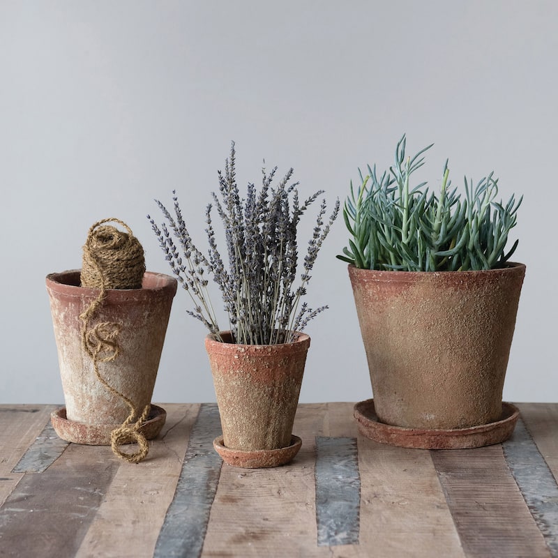 Cement Planter with Saucer, Distressed Terra-cotta Finish