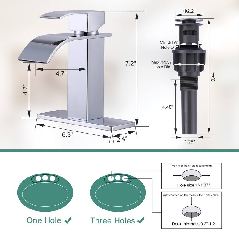 WOWOW Single Handle Waterfall Bathroom Faucet with Pop-Up Drain