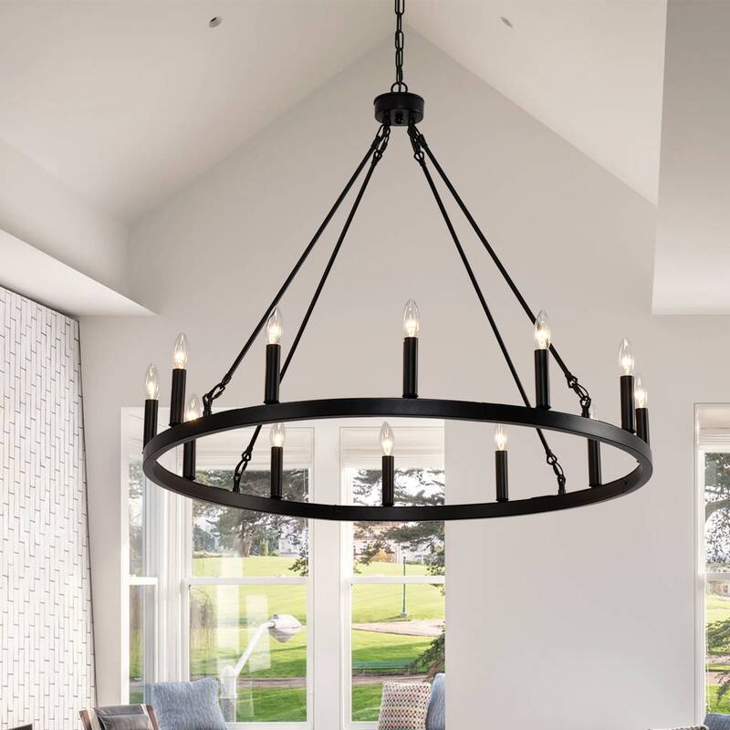 31In 12-Light Black Wagon Wheel Chandelier Farmhouse for Living Room - 31 inch - 31 inch - Balck