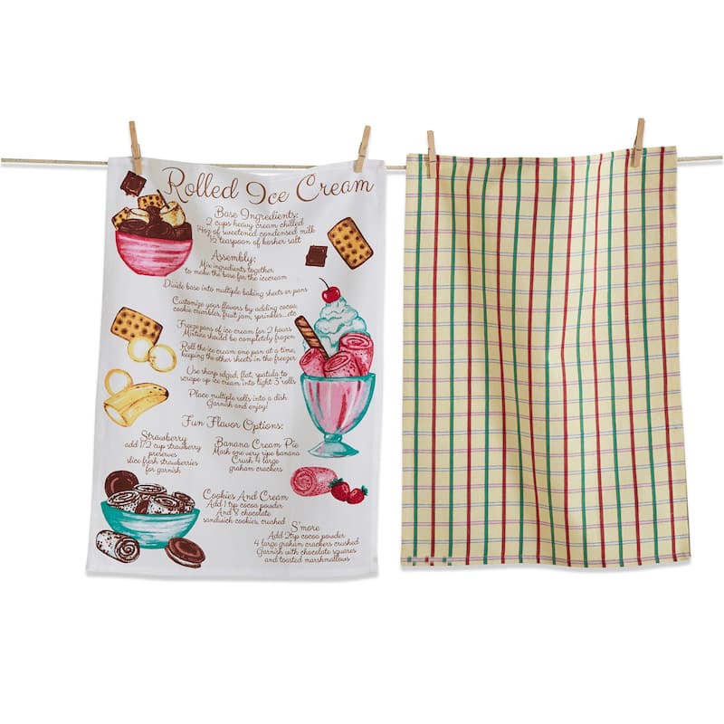 Rolled Ice Cream Dishtowel Set of 2 Multicolor Cotton Kitchen Towels Summer Design Machine Wash 26x18 inches