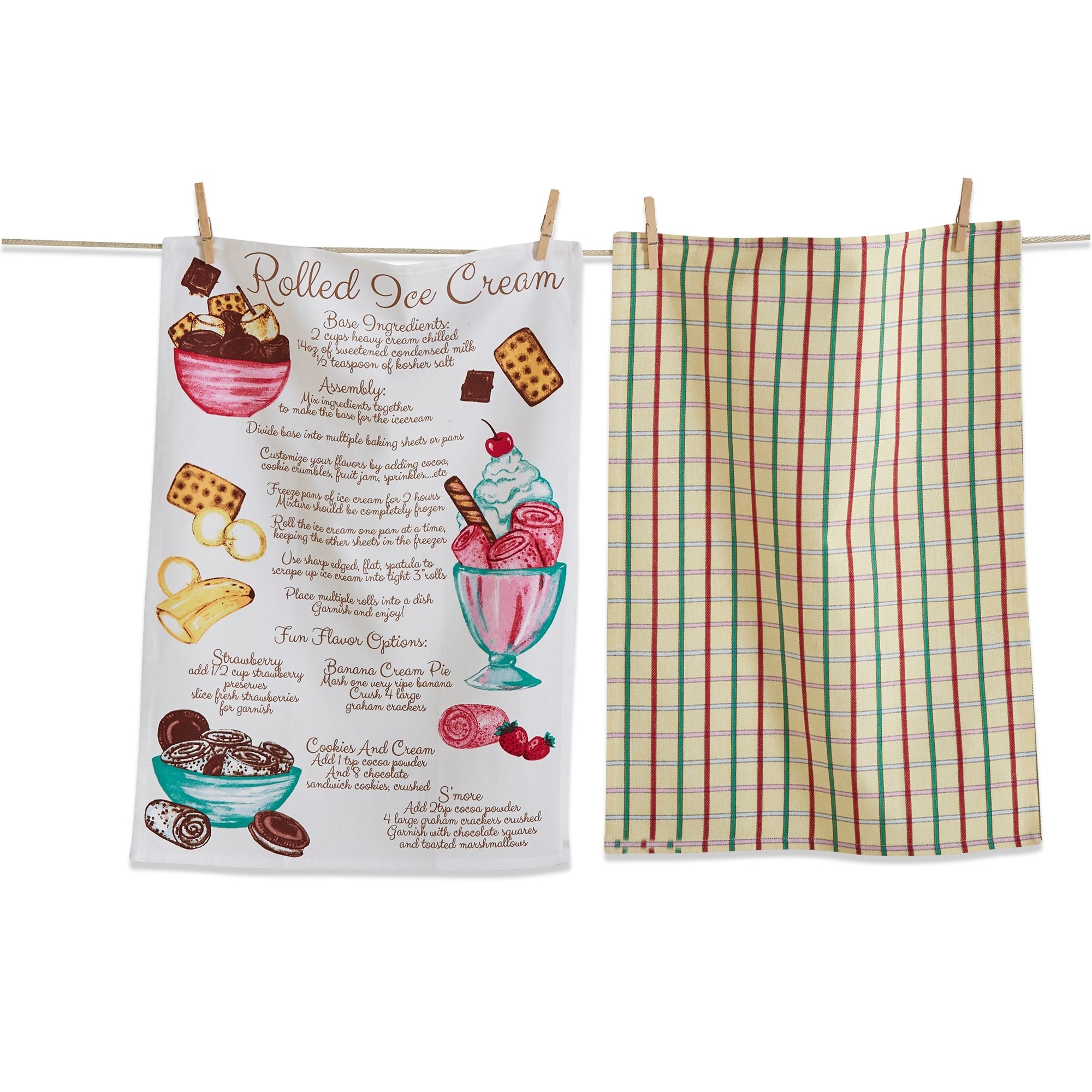 Rolled Ice Cream Dishtowel Set of 2 Multicolor Cotton Kitchen Towels Summer Design Machine Wash 26x18 inches