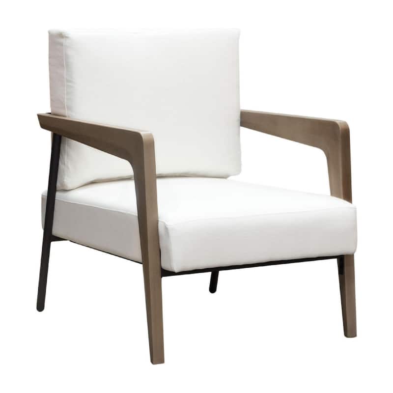 Deni Accent Armchair, White Polyester Linen Seat, Curved Wood Legs