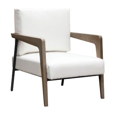 Deni Accent Armchair, White Polyester Linen Seat, Curved Wood Legs