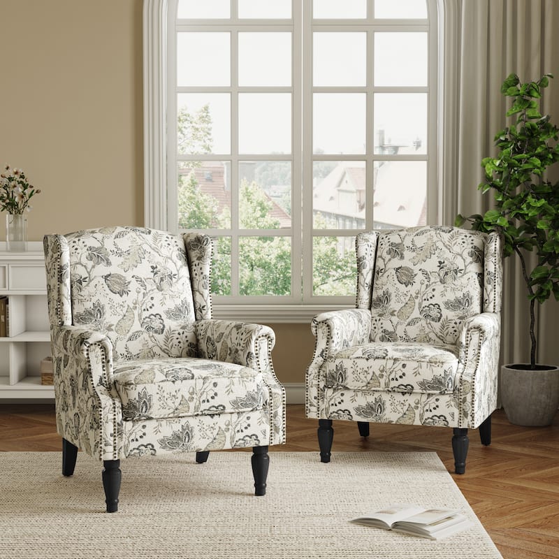2 Set Transitional Patterned Wingback Accent Chairs with NailHead - Plants Beige