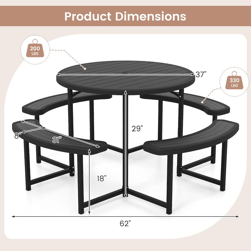 HDPE Round Picnic Table Set with 4 Benches and Umbrella Hole Perfect for Patio or Balcony