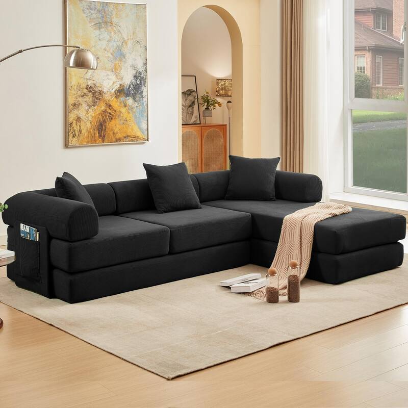107" L-Shaped 6-in-1 Corduroy Modular Sectional Sofa, Convertible Out Sofa Bed, 4-Seat, Black