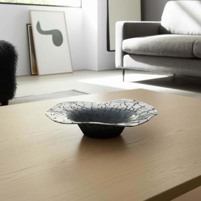 Modern Glass Bowl with Freeform Rim and Cracked Vein Texture - 12" x 12" x 2"