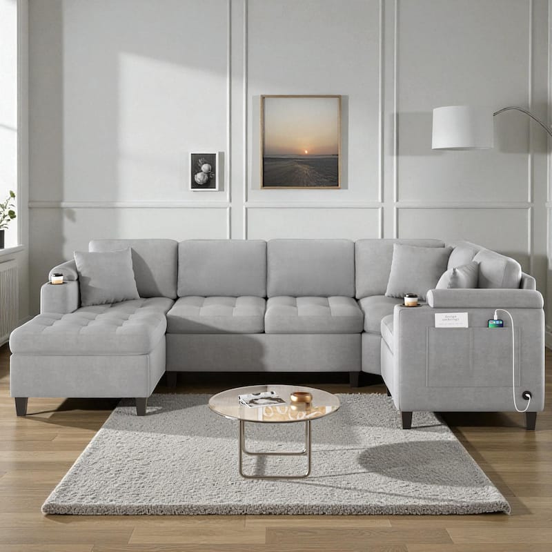115.7" Modern U-Shaped Sectional Sofa with Cup Holders, Storage Space and USB Ports, Oversized Chenille Couch for Living Room - Light Grey