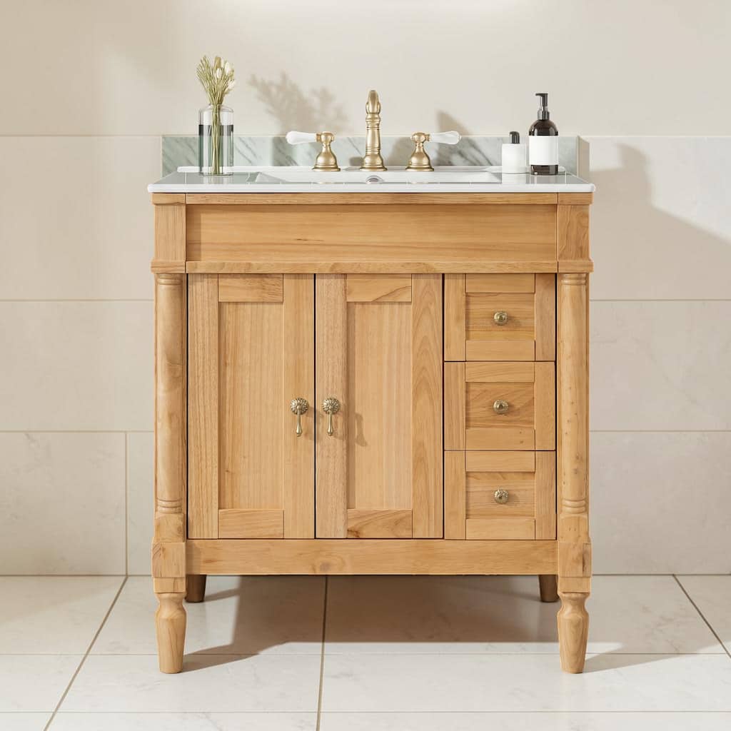 30 Inch Bathroom Vanity with Ceramic Sink, Freestanding Storage Cabinet with 3 Drawers and Soft Close Doors
