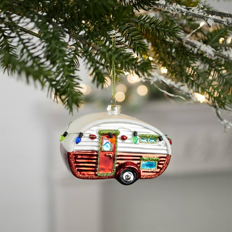 Camper Glass Christmas Ornaments - 4" - Red and White - 12ct