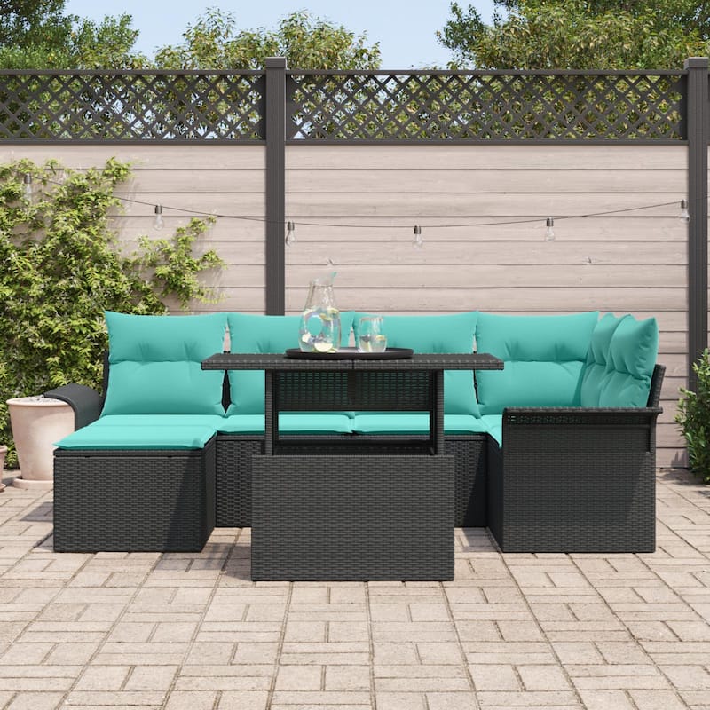 vidaXL 7 Piece Garden Sofa Set with Cushions Black Poly Rattan - 95.5×52.2×27.2