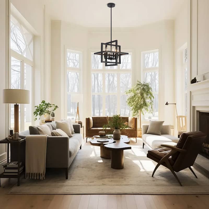 12.99" Wide 6-Light Semi Flush Mount Chandelier, Industrial Style Square Open Frame Pendant Light for Living Room