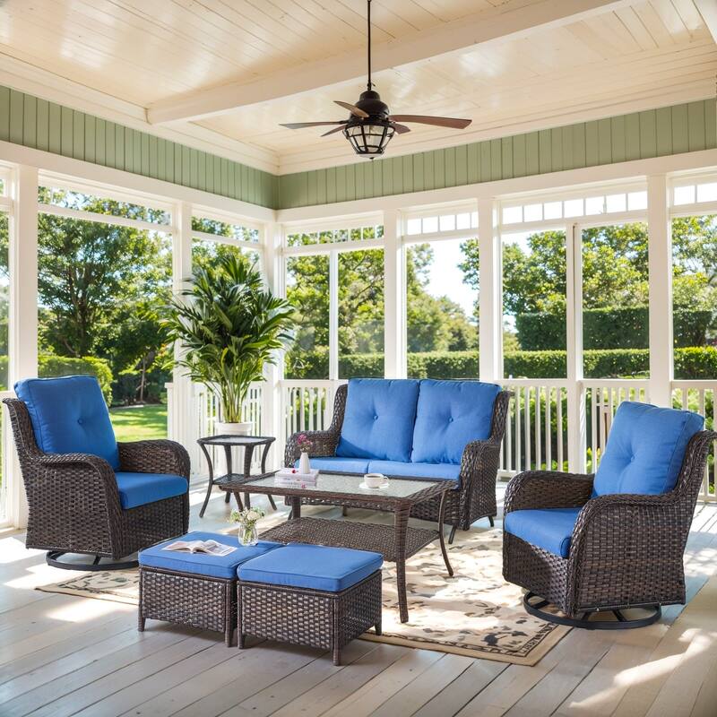 Outdoor 2 Seater Wicker Sofa Swivel Chair and Ottomans - Blue - Brown
