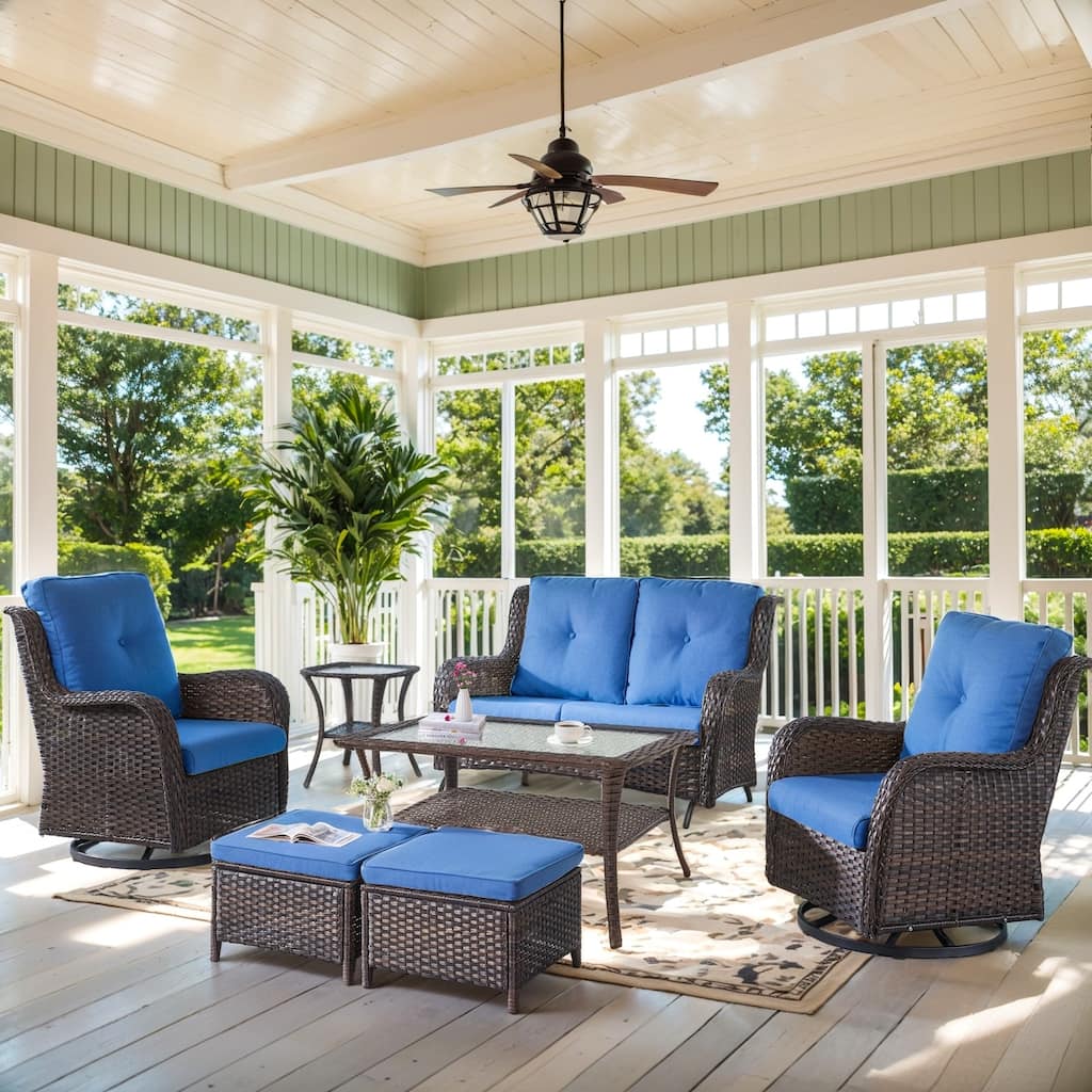 Outdoor Glider Sofa Swivel Chair and Ottomans - Blue cushion - Brown