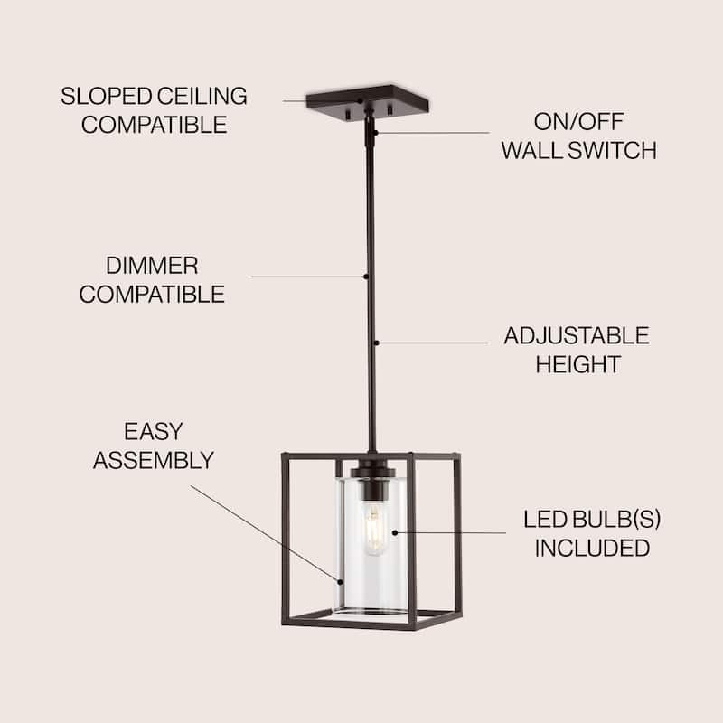 Everly 8.13" 1-Light Industrial Farmhouse Iron/Glass LED Pendant, Oil Rubbed Bronze by JONATHAN Y - 1 Light