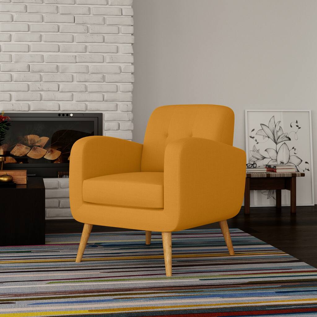Accent Chair in Yellow Linen with Natural Solid Wood Legs