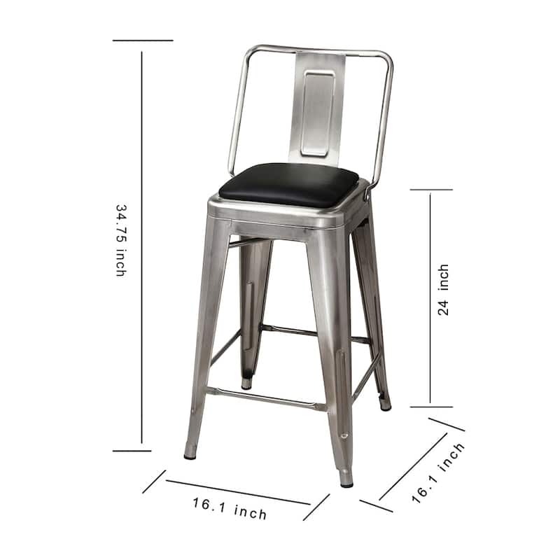 24" High Back Metal Stool with Leather Cushion-Set of 2