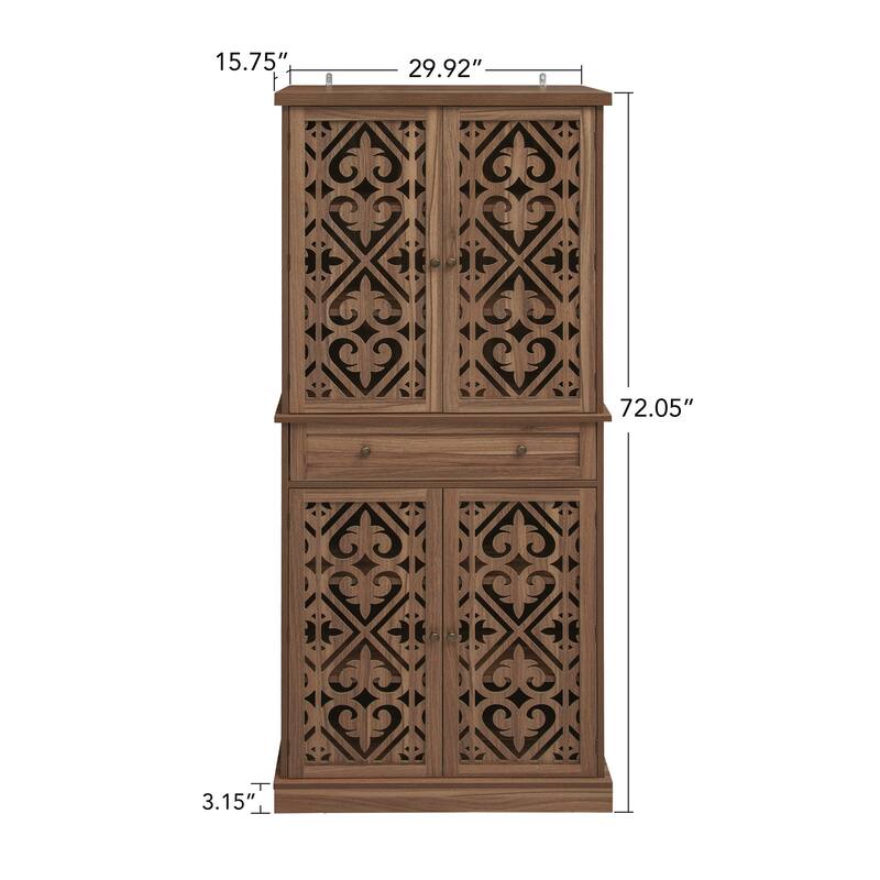 4 Door Storage Cabinet with Drawer, Adjustable Shelves Accent Cabinet with Carved Doors and Anti-Tip Design
