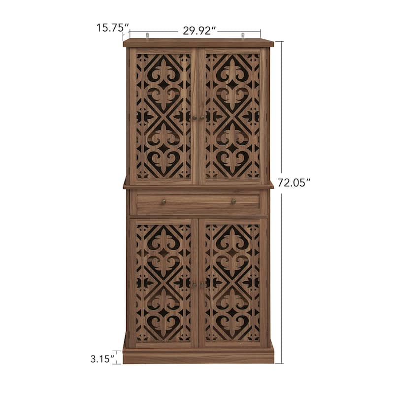 Roomfitters 4 Door Storage Cabinet with Drawer, Tall Pantry Cabinet with Adjustable Shelves, Walnut