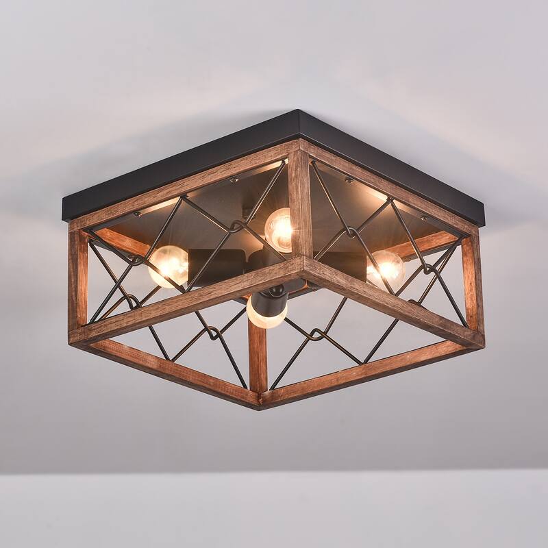 Black and Brown Geometric Farmhouse Rectangular Cage Design Flush Mount Ceiling Light