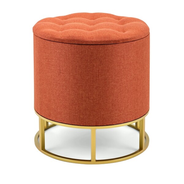 19" Orange Tufted Linen and Brass Finished Ottoman with Storage - N/A