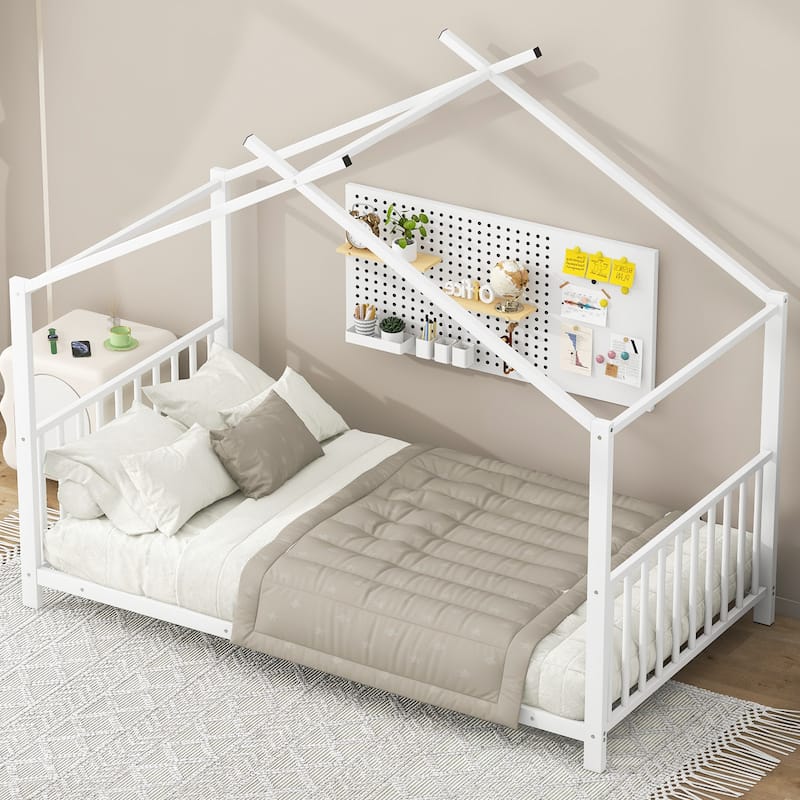 Twin Size White Metal House Platform Bed with Slat Kit, Easy Assembly