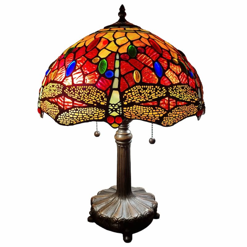 Dark Brown Metal Table Lamp with Multi Stained Glass Shade Dual Pull Chain - 11” x 19” x 22” (D x W x H)