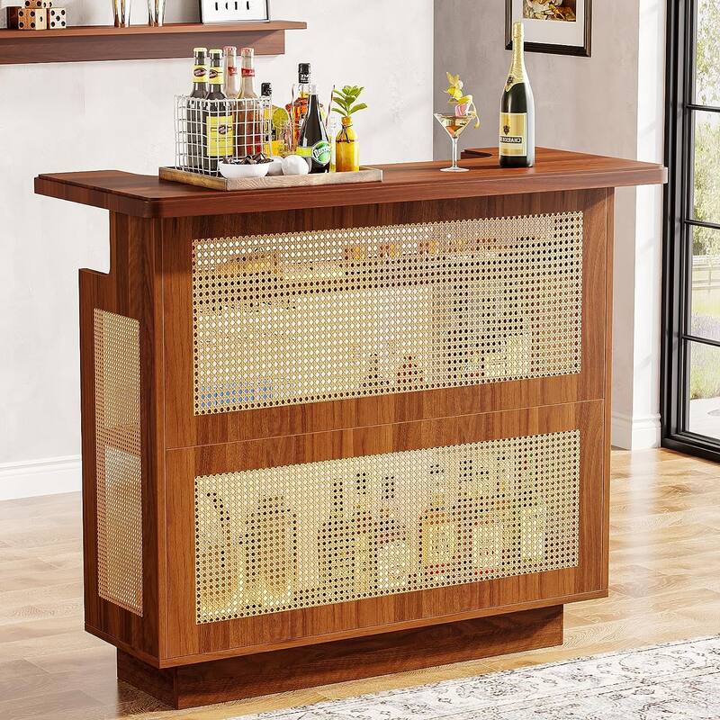 Rattan Liquor Wine Bar Cabinet Mini Bar Table for Home Pub - Caramel