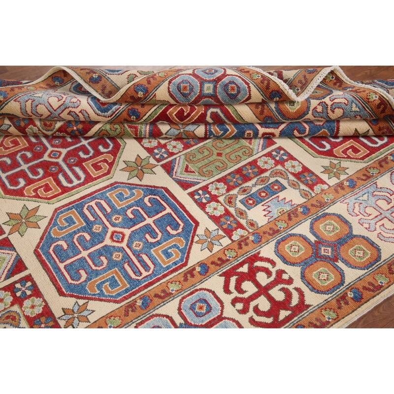 Hand Knotted Oriental 100% Wool Carpet Traditional All-Over Beige & Ivories Kazak Area Rug - 9' 11'' X 6' 8''