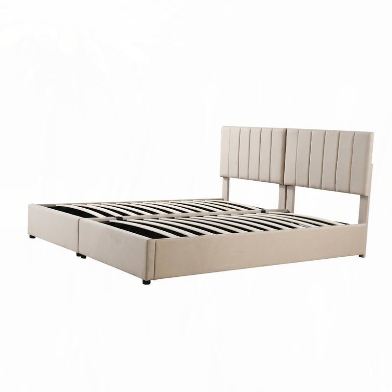 King Size Upholstered Platform Bed with a Hydraulic Storage System, Beige