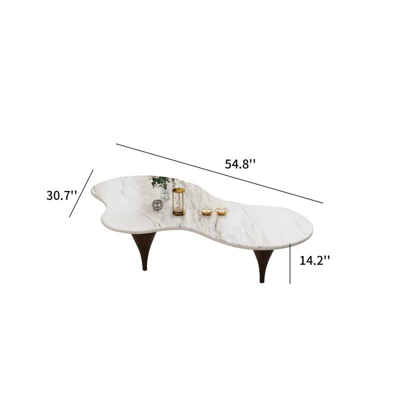 54.8" Modern Coffee Table, Glossy Faux Marble top, Metal Legs with wood texture