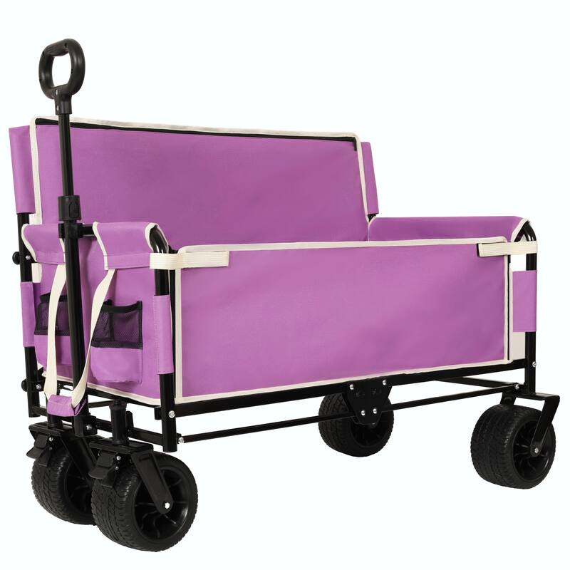 3-in-1 Convertible Folding Wagon Cart with Bench Seat & Storage - 500lbs Heavy-Duty Utility Wagon, 180L Capacity - Purple