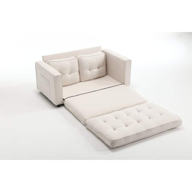 Velvet Upholstered Armsofa with Pull-Out Bed, Convertible Sleeper Sofa Bed for Small Bedroom, Loveseat with Side Pockets