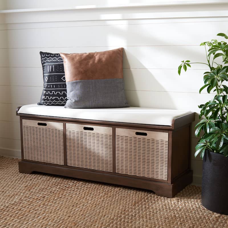 SAFAVIEH Fiorello 3-Drawer with Cushion Storage Bench - 47.3" W x 15" L x 19" H - 47Wx15Dx19H - Brown